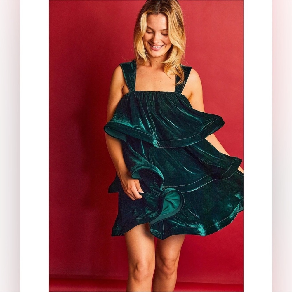 Buru Teagan Velvet Tiered Ruffle A-Line Convertible Mini to Maxi Flounce Dress - Picture 2 of 9